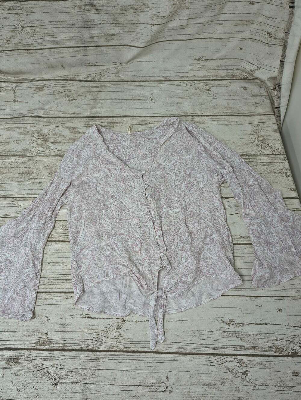 mystree Paisley Bell Sleeve Tie Front Light Pink Paisley Blouse Size Large